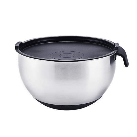 Stainless steel mixing bowl with black lid on a white background