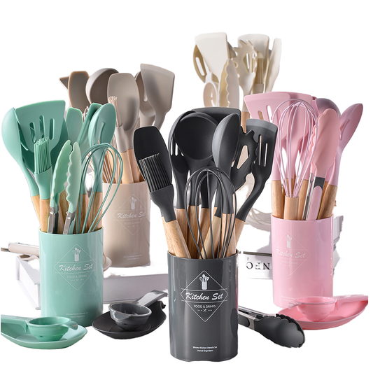 طقم أدوات المطبخ السيليكون والخشب 12 قطعه - فخامة وأناقة