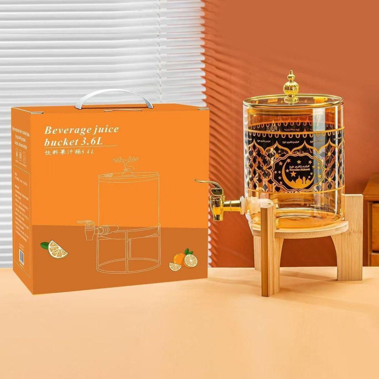 ديسبنسر عصير زجاج 3.6 لتر بنقوش رمضانية – القطعة الأجمل لسفرة رمضان