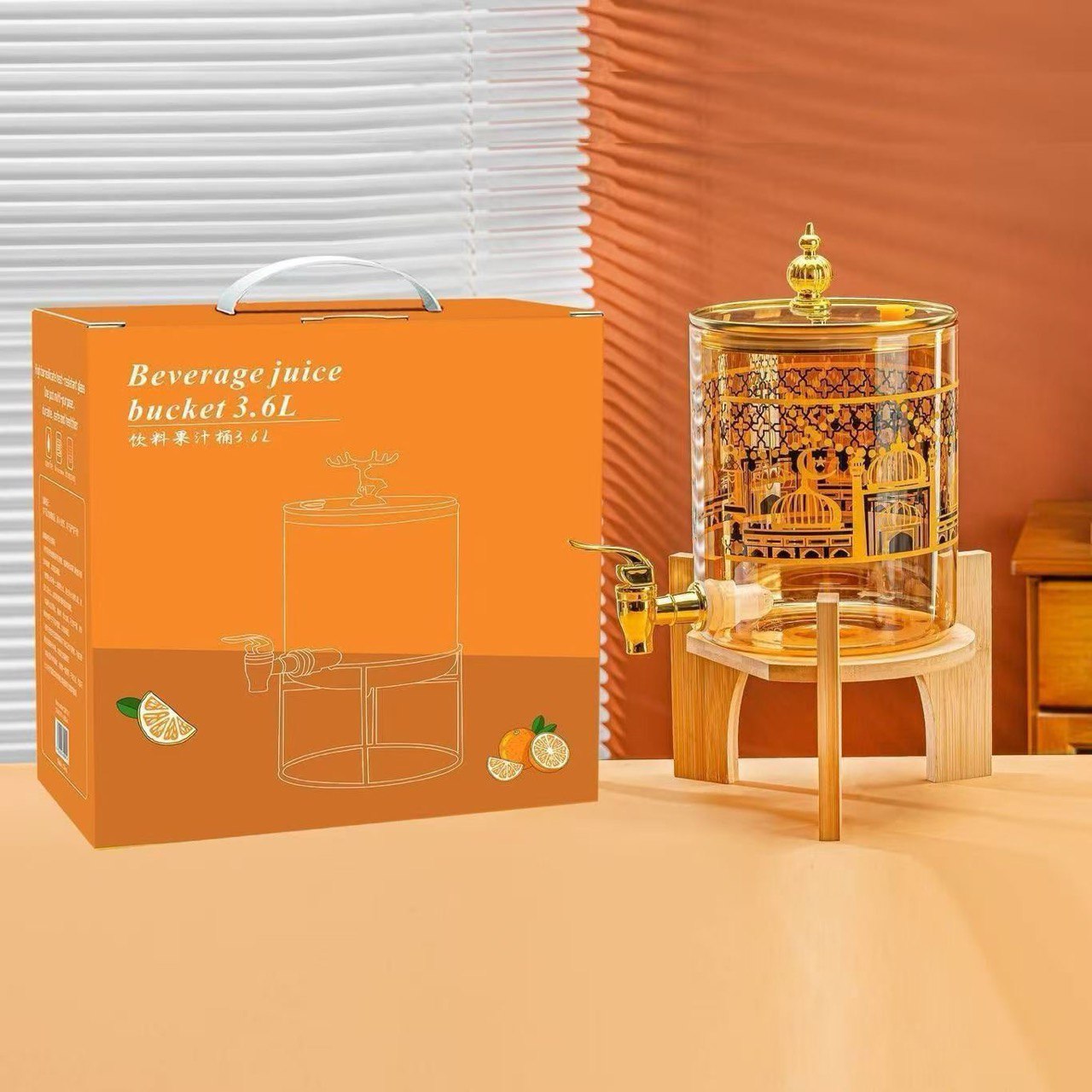 ديسبنسر عصير زجاج 3.6 لتر بنقوش رمضانية – القطعة الأجمل لسفرة رمضان