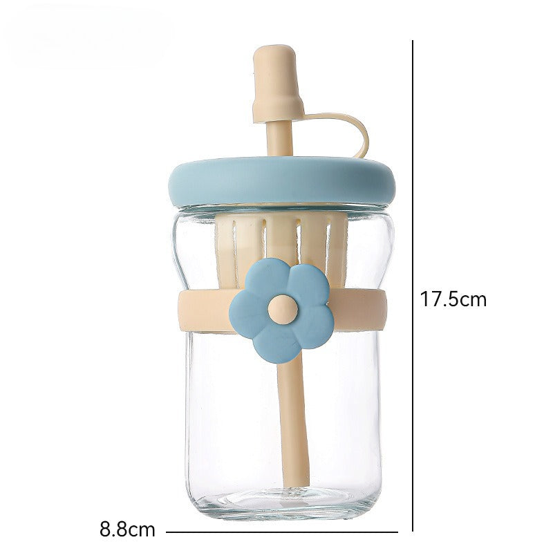 كوب زجاجي كبير - تصميم زهرة وماصة (700 مل)