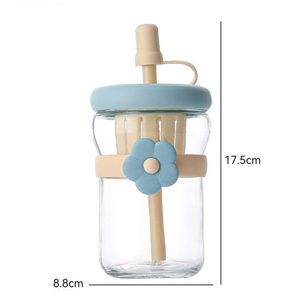 كوب زجاجي كبير - تصميم زهرة وماصة (700 مل)