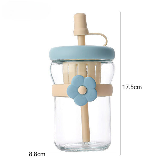 كوب زجاجي كبير - تصميم زهرة وماصة (700 مل)