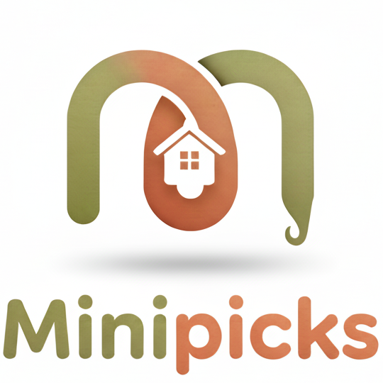 Logo of Minipicks with a stylized 'm' and house icon on a white background
