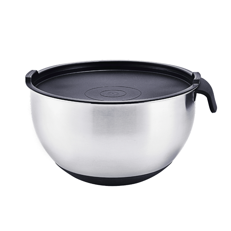 Stainless steel mixing bowl with black lid on a white background