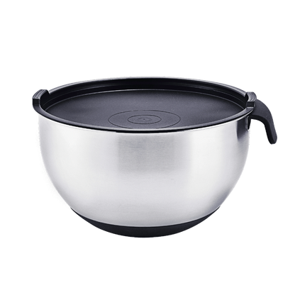 Stainless steel mixing bowl with black lid on a white background