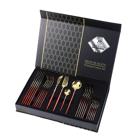 طقم أدوات المائدة الملكي الأسود والذهبي 24 قطعه – فخامة طاولة لا تُنسى