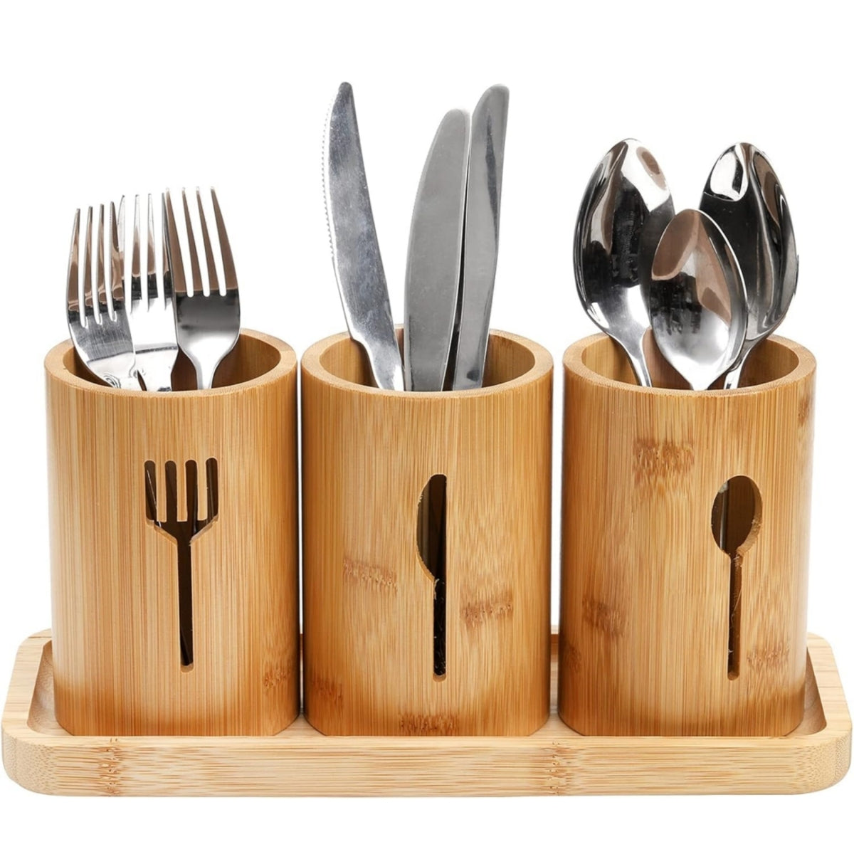 منظم أدوات المائدة الخشبي (بامبو) - حل 3 في 1 لترتيب المطبخ