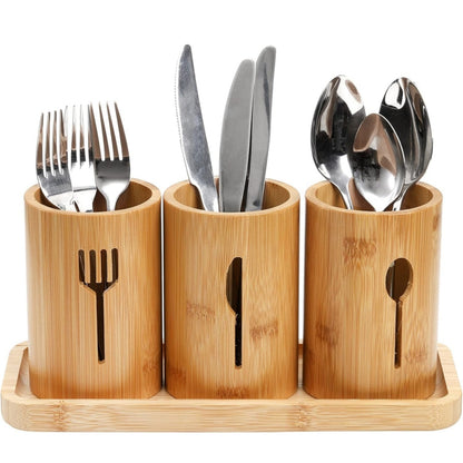 منظم أدوات المائدة الخشبي (بامبو) - حل 3 في 1 لترتيب المطبخ