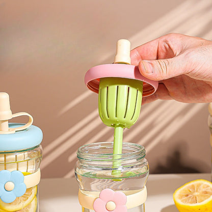 كوب زجاجي كبير - تصميم زهرة وماصة (700 مل)