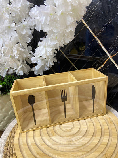منظم أدوات المائدة الخشبي (بامبو) - حل 3 في 1 لترتيب المطبخ