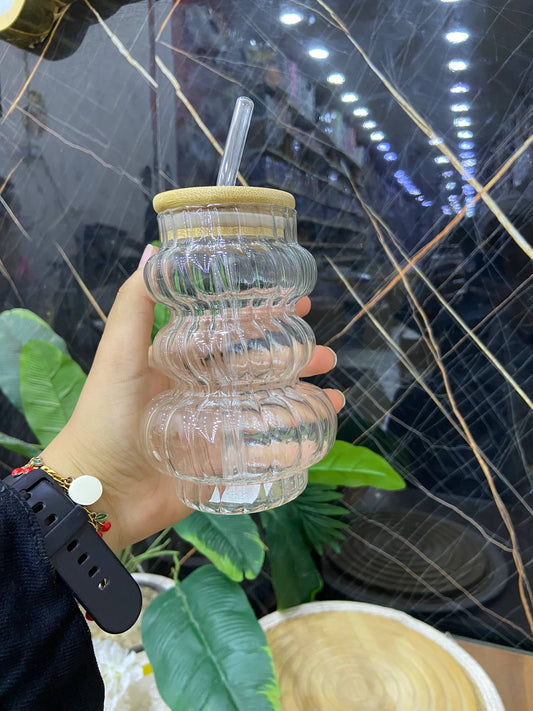 مج آيس كوفي زجاجي - تصميم زجزاج بغطاء خشب