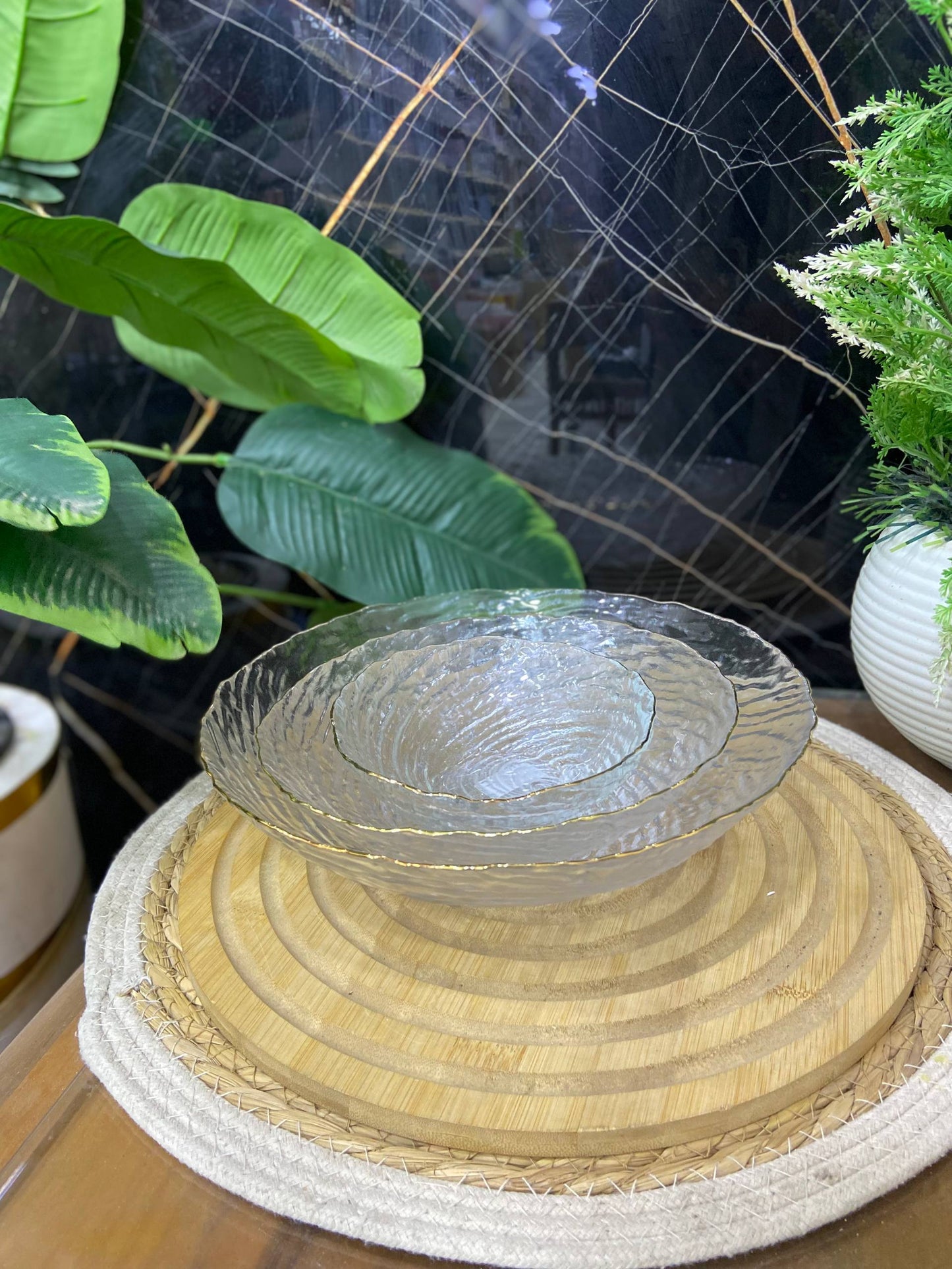 طقم أطباق تقديم زجاجية/كريستال - نقشة حلزونية - 3 قطع