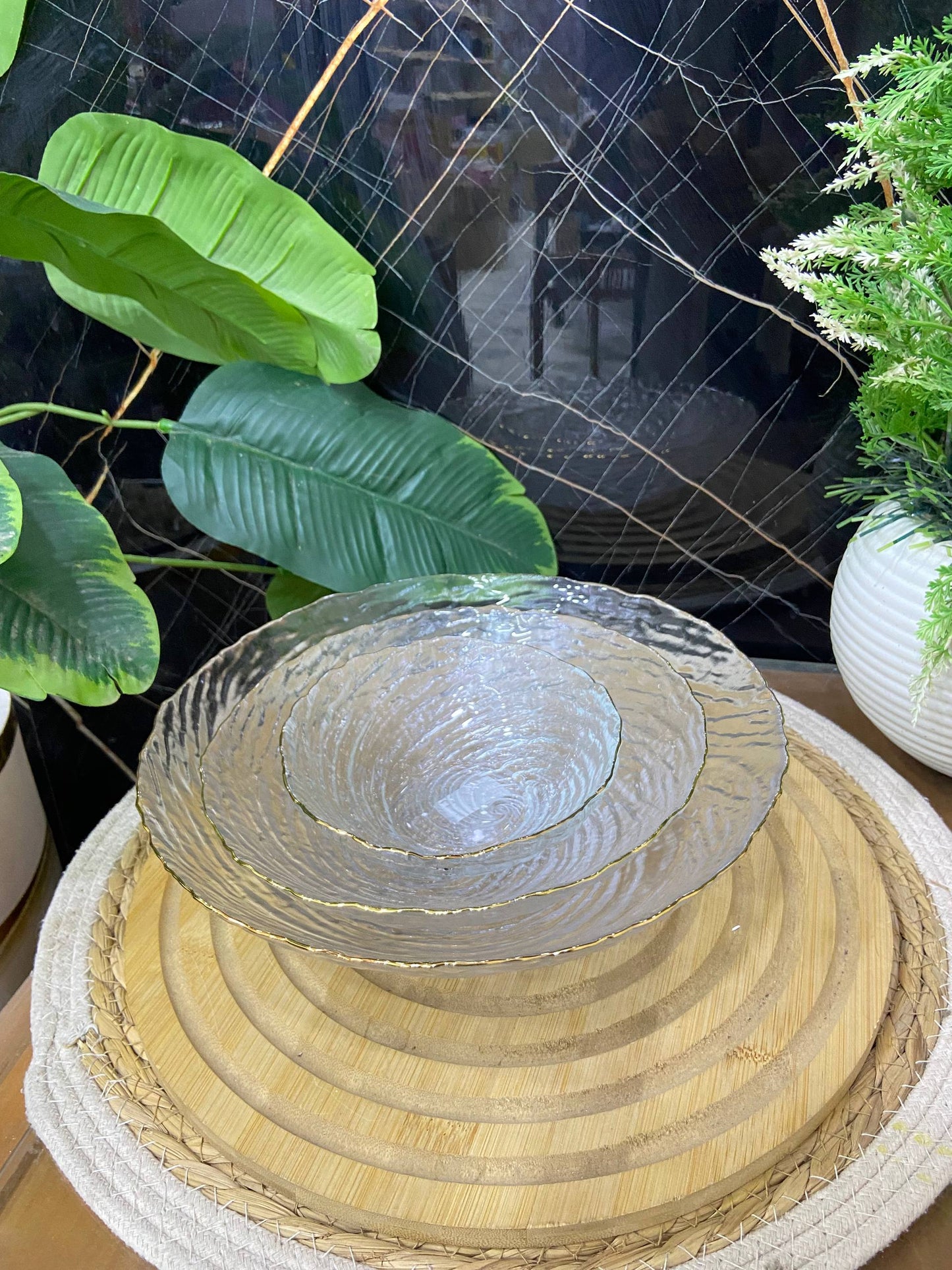 طقم أطباق تقديم زجاجية/كريستال - نقشة حلزونية - 3 قطع