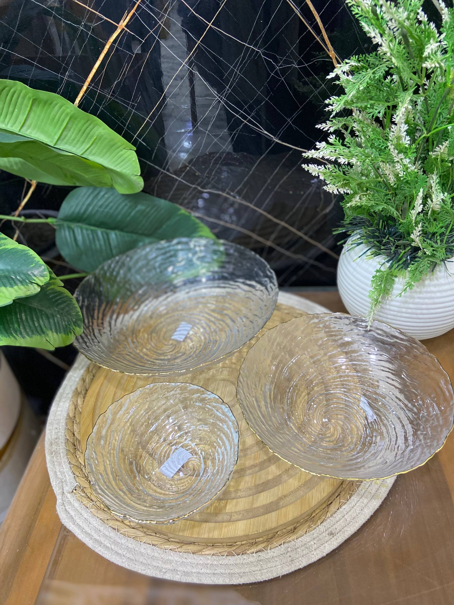 طقم أطباق تقديم زجاجية/كريستال - نقشة حلزونية - 3 قطع