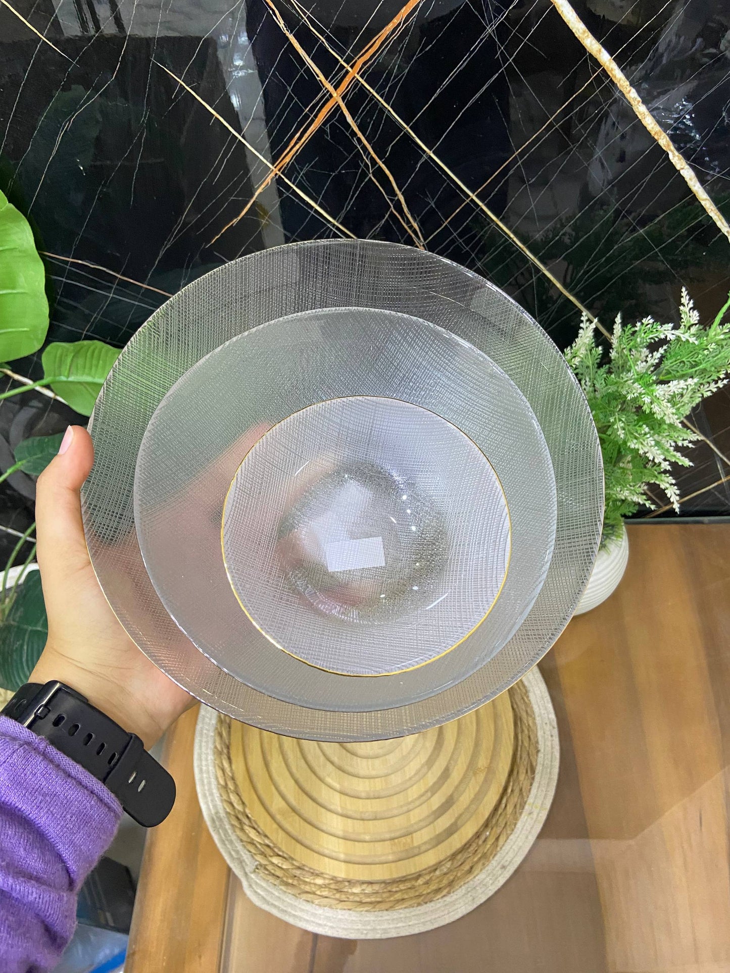 طقم أطباق تقديم زجاجية - تصميم دائري غويط - 3 قطع