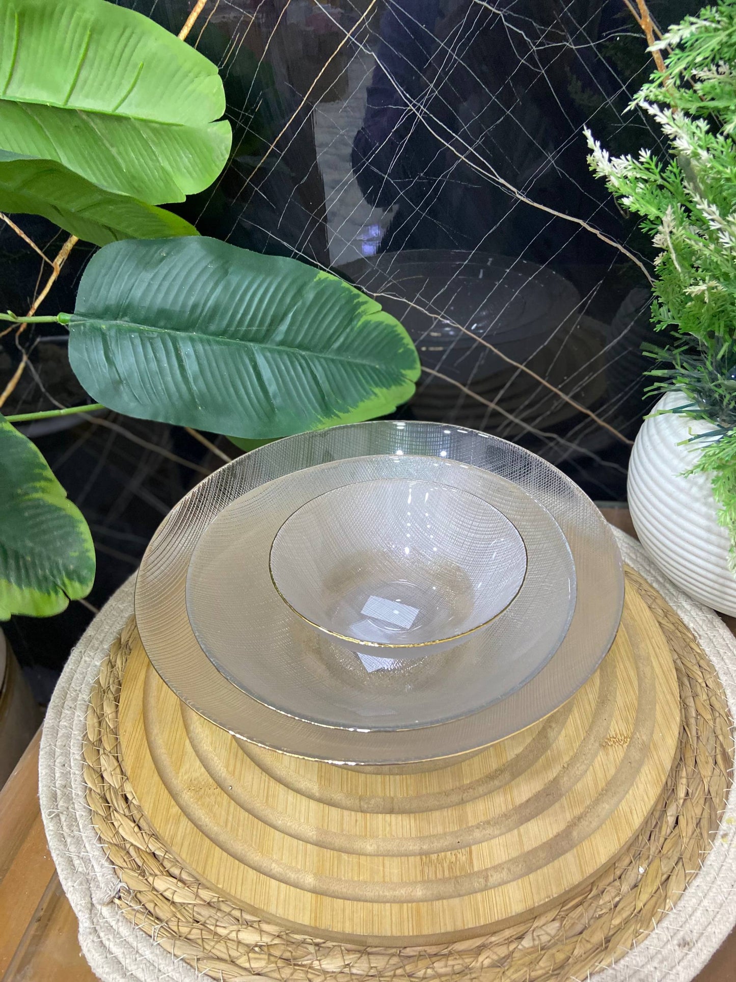 طقم أطباق تقديم زجاجية - تصميم دائري غويط - 3 قطع