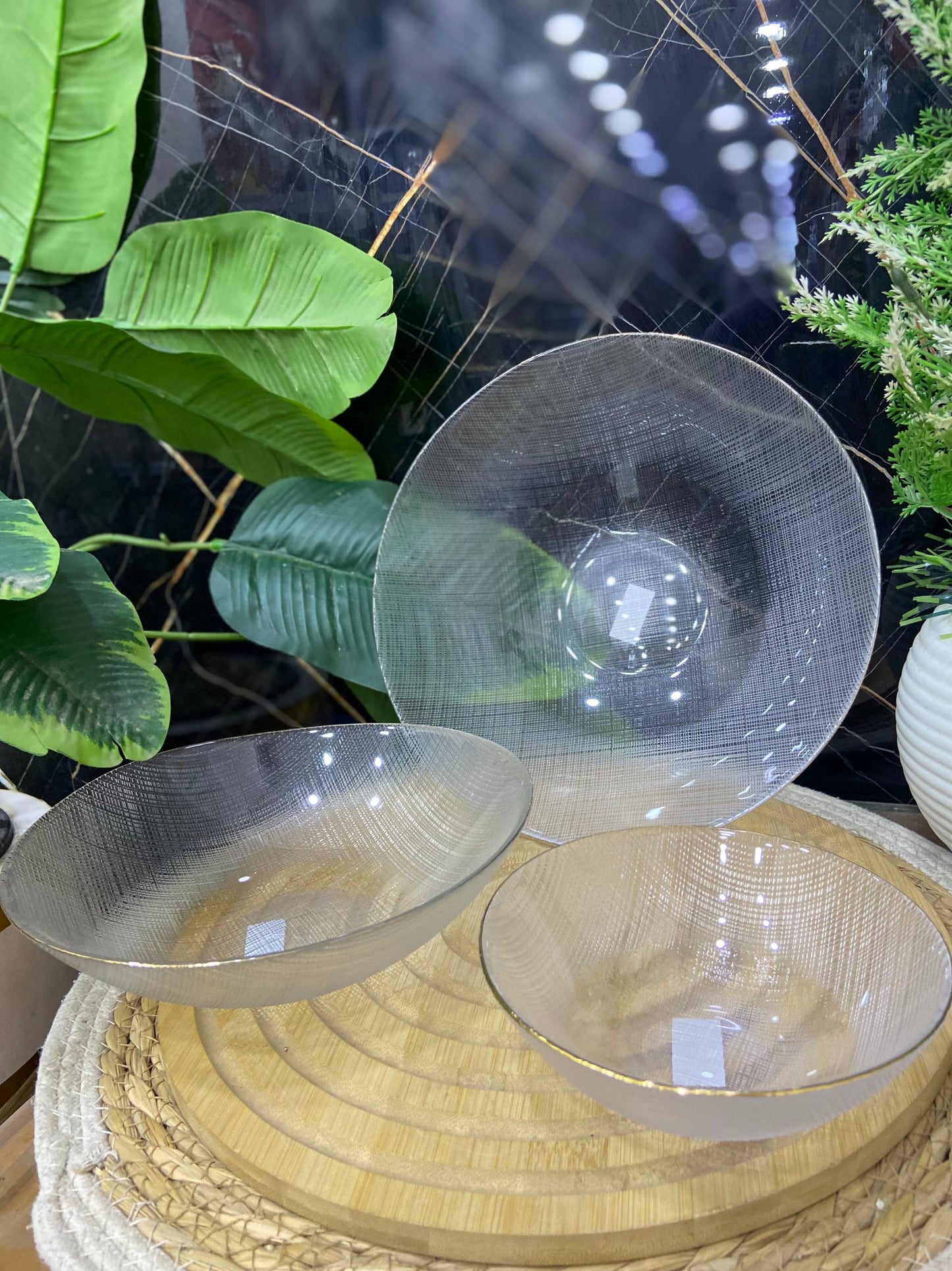 طقم أطباق تقديم زجاجية - تصميم دائري غويط - 3 قطع